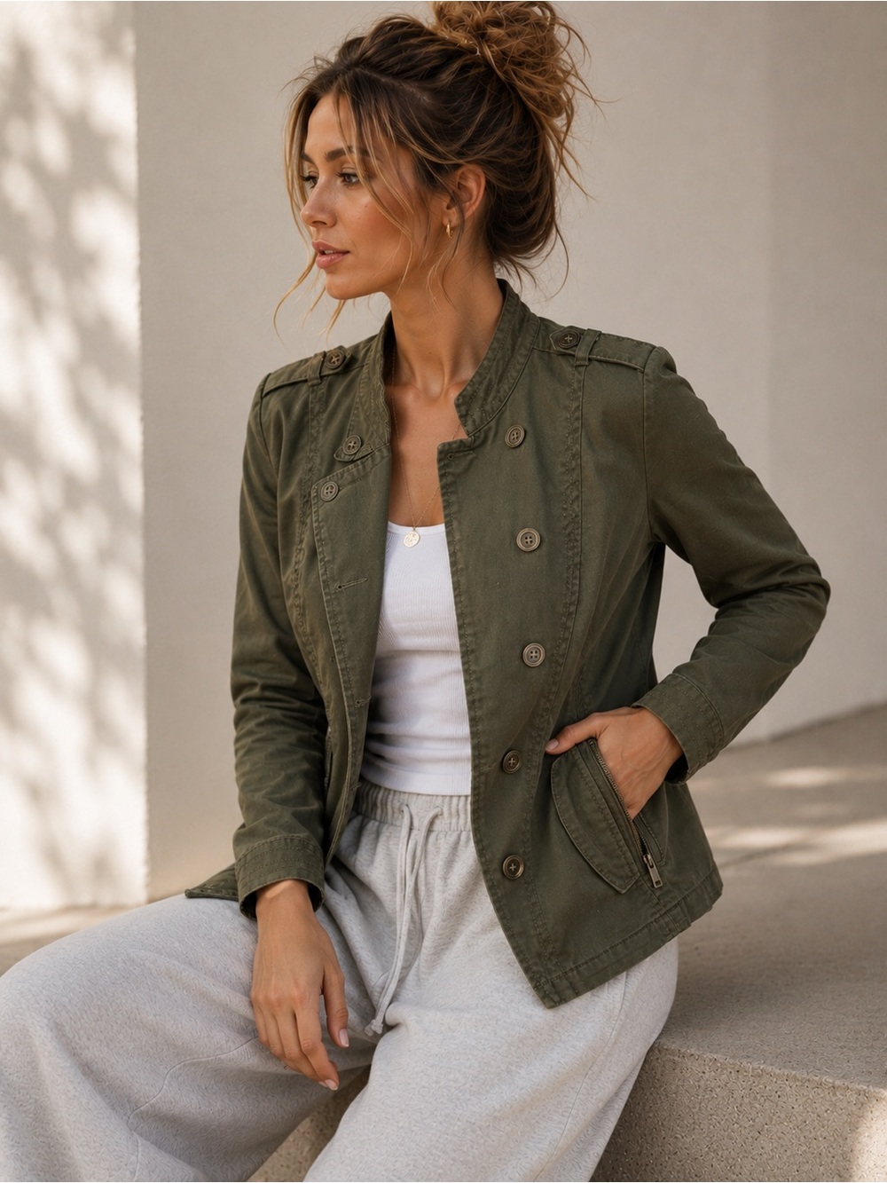 Hang Ten Olive Green Utility Moto Jacket Medium Asymmetrical Button Zip Pocket